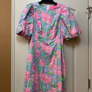 Lilly Pulitzer Roni Pink Floral Puff-Sleeve Mini Dress on Blue